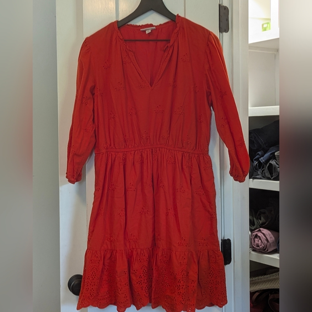 Knox Rose Vibrant Coral Dress LARGE Women's Eyelet Feminine Flouncy Excel Used